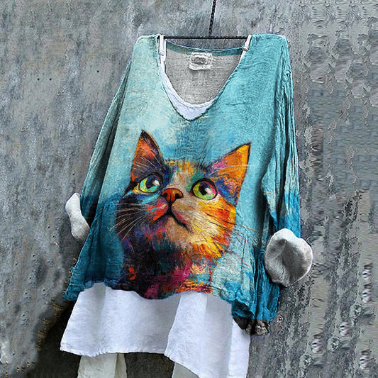 Comstylish Women's Retro Oil Painting Pop Cat V-neck Shirt