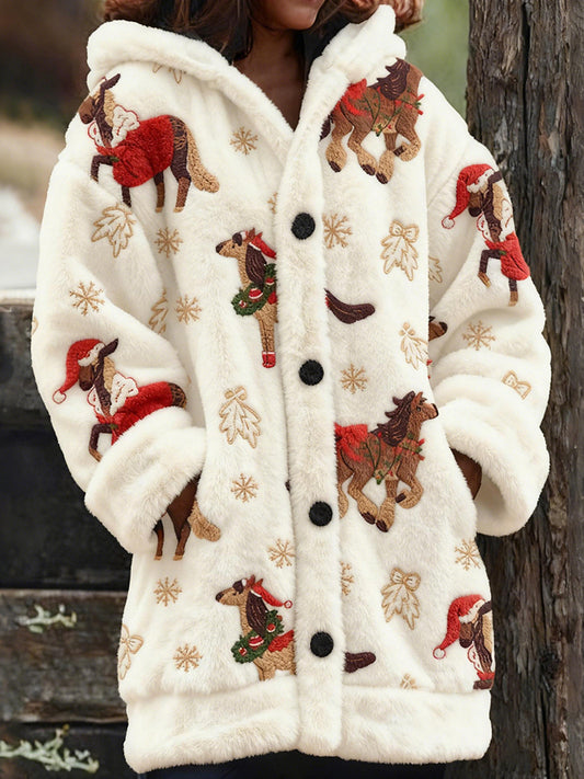 Comstylish Christmas Horses Art Embroidered Plush Hooded Cardigan