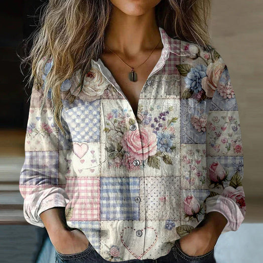 Women's Vintage Bohemian Patch Cotton And Linen Button-down Shirt artswardrobe