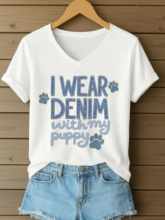 Comstylish Women's Denim I Wear Denim With My Puppy Printed Short Sleeve T-shirt
