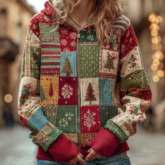 Comstylish Women's Christmas Patchwork Casual Zip-up Hoodie