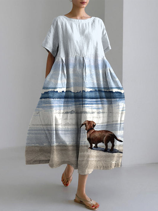 Comstylish Dachshund Dog Ocean Wave Art Print Linen Blend Dress
