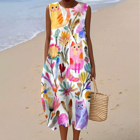 Women's Vintage Floral Cat Art Print Sleeveless Wrap Dress artswardrobe