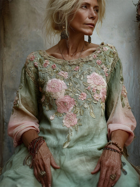 Vintage Forest Pink Roses Gradient Linen Maxi Dress artswardrobe