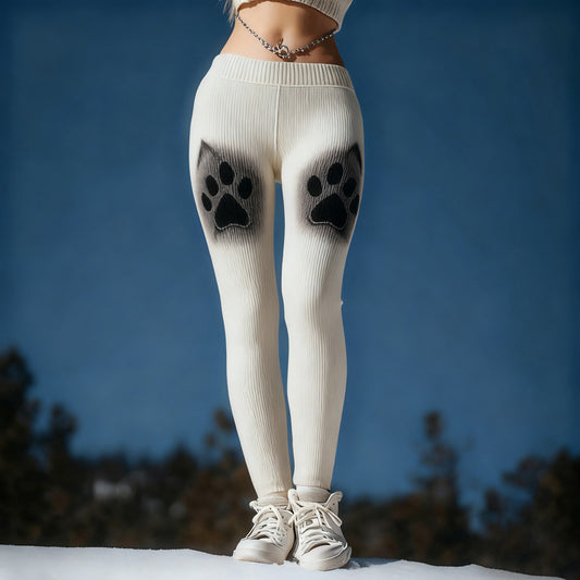 Comstylish Cute Cat Paws Pattern Cozy Knit Leggings
