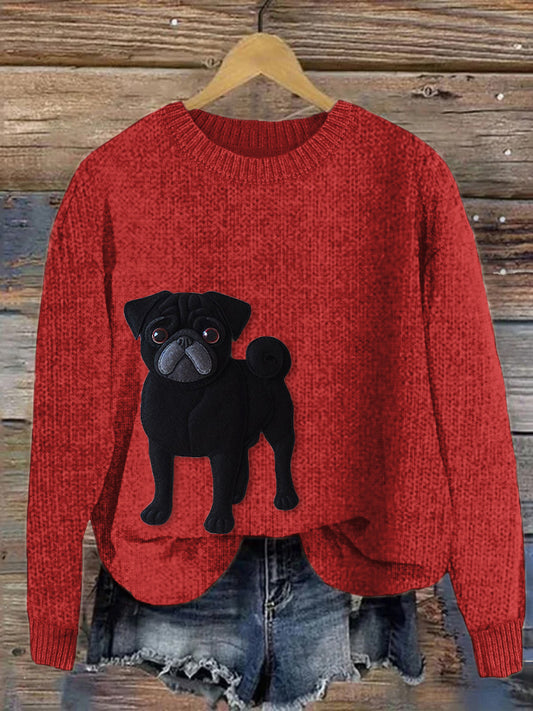 Comstylish Lively Pug Dog Felt Art Cozy Knit Sweater
