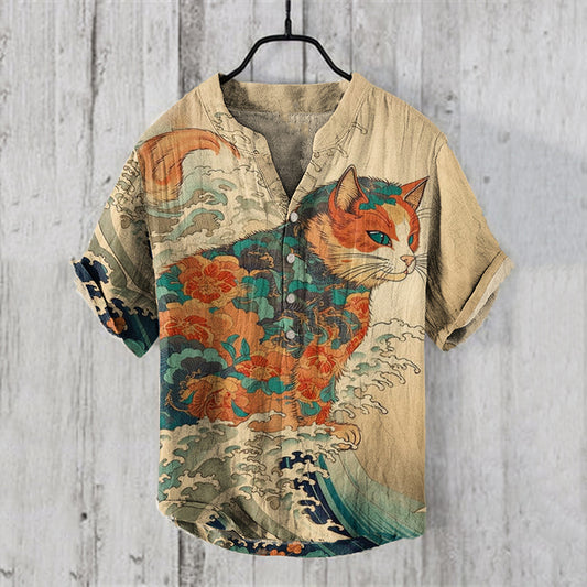 Japanese Cat Art Print Henry Collar Shirt elevenforest