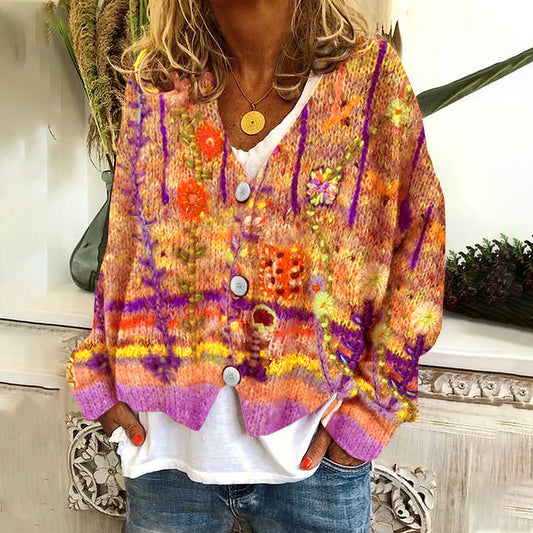 Vintage Floral Print V-Neck Long Sleeved Knitted Cardigan artswardrobe