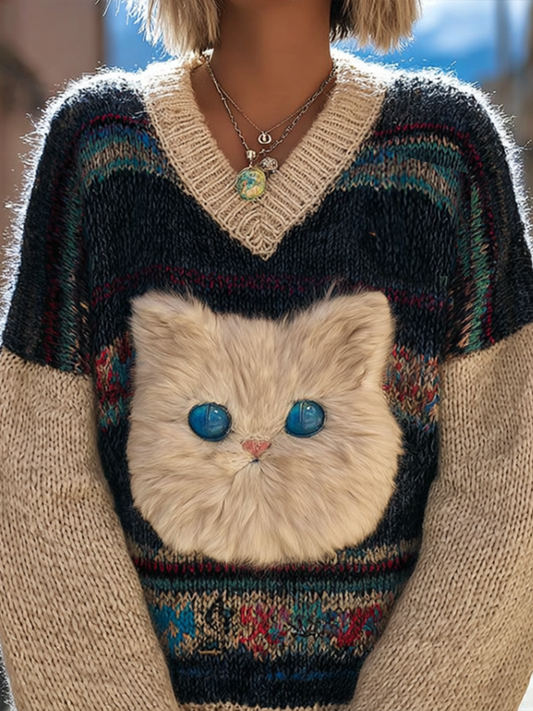 Comstylish Women's Colorful Striped Plush Cat Pattern Embroidered V-neck Knit Sweater