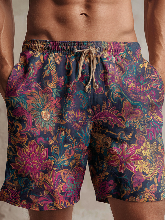 Western Bohemian Style Plant And Flower Pattern Retro Cotton And Linen Loose Wide-leg Shorts artswardrobe