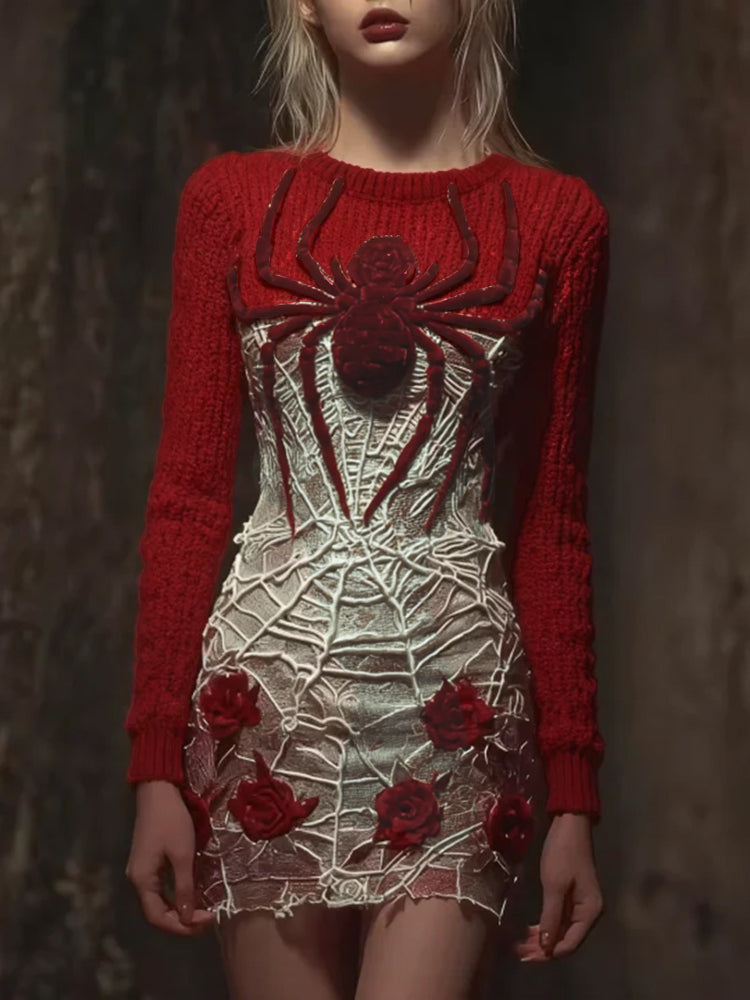 Women Halloween Spider And Rose Vintage Knitted Mesh Dress artswardrobe