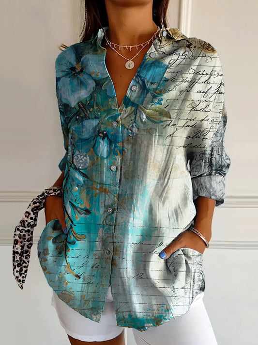 Women's Art Painting Blue Floral Letters Print Stand Collar Long Sleev
