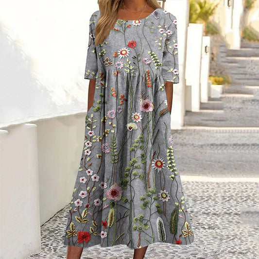 Women's Vintage Floral Print Linen Dress artswardrobe