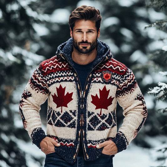 Men's Canadian Maple Leaf Geometric Jacquard Cozy Zip Up Cardigan Sweater elevenforest