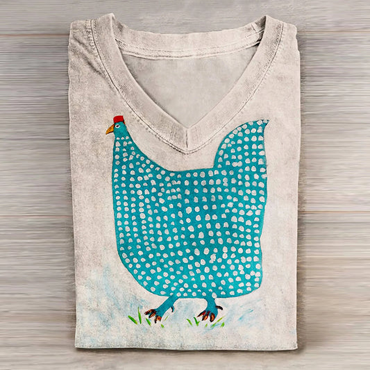 Comstylish Vintage Chicken Art Print Casual T-Shirt