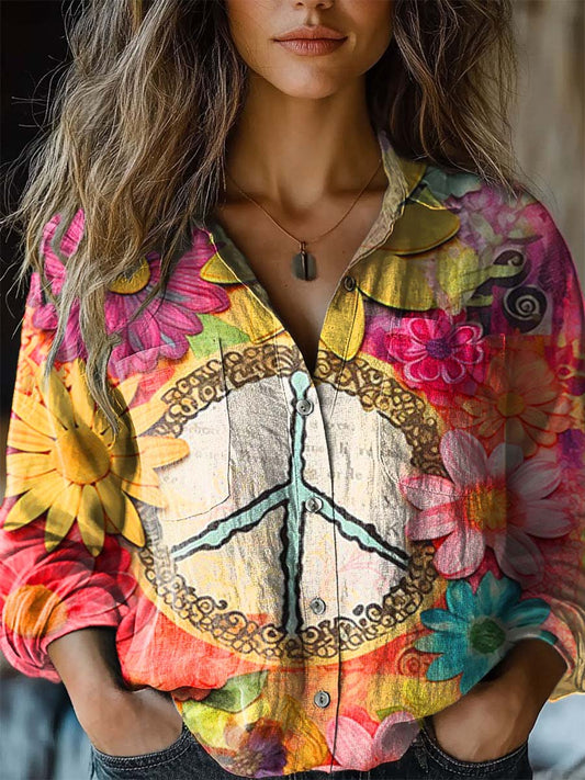 Women's Colorful Peace Sign Print Casual Long Sleeve Comfortable Cotto