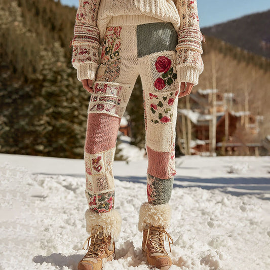 Comstylish Women's Vintage Floral Patchwork Cozy Knit Leggings