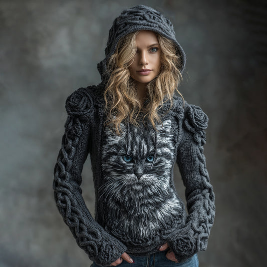 Women's Vintage Cute Cat  With Rose Art Knitted Warm Hooded Sweater