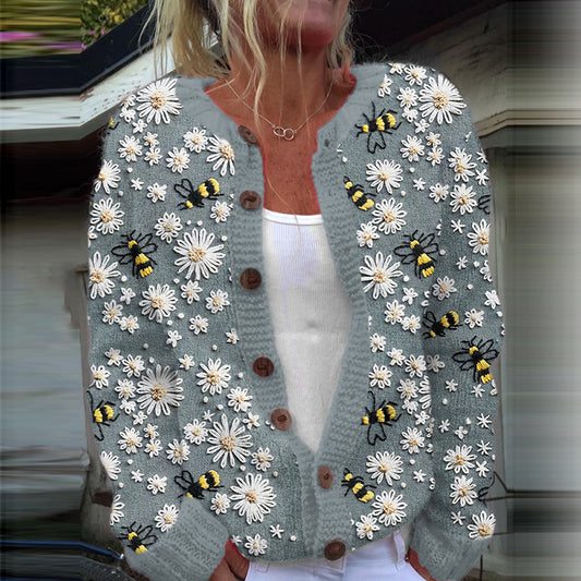 Daisy Bee Print Long Sleeve Casual Knitted Cardigan artswardrobe