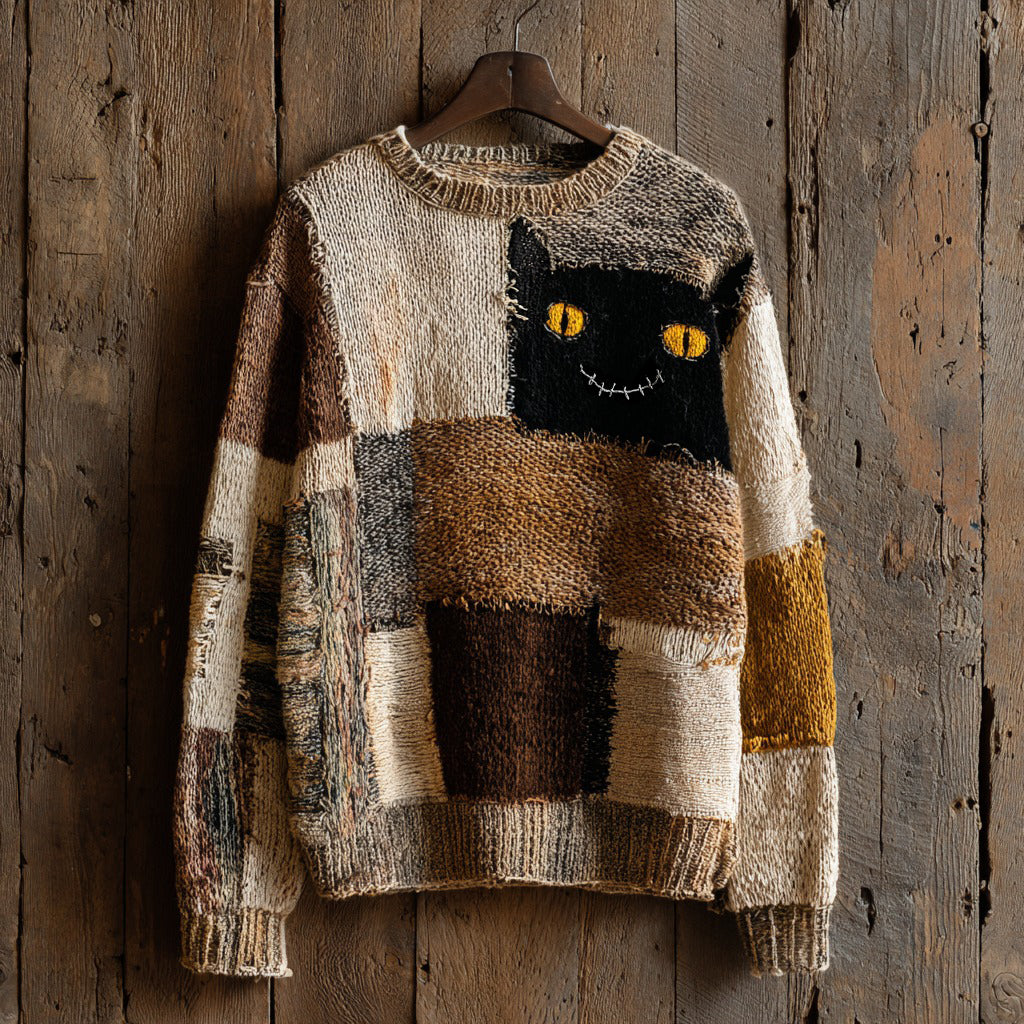 Halloween Abstract Black Cat Smiling Face Contrast Stitched Cozy Knit Sweater artswardrobe