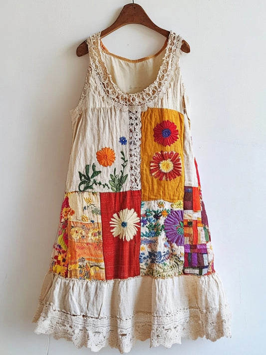 Floral Embroidered Lace Patchwork Linen Blend Dress artswardrobe
