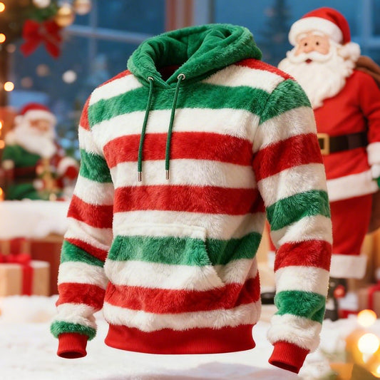 Comstylish Men's Christmas Striped Print Plush Warm Hoodie