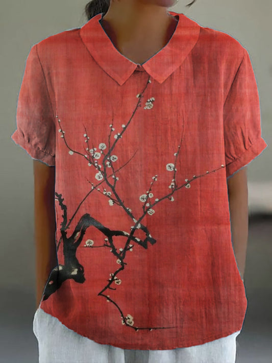 Comstylish Simple Plum Blossom Japanese Art Linen Blend Tunic