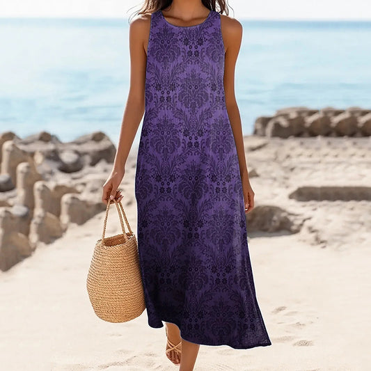 Women's Ethnic Totem Floral Print Round Neck Linen Blend Tank Midi Dress artswardrobe