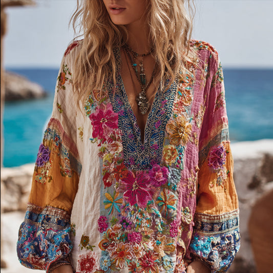 Bohemian Style Bright-colored Floral Resort Long-sleeved V-neck Top artswardrobe