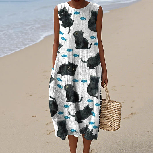 Cute Black Cat And Fish Art Pattern Linen Tank Dress artswardrobe