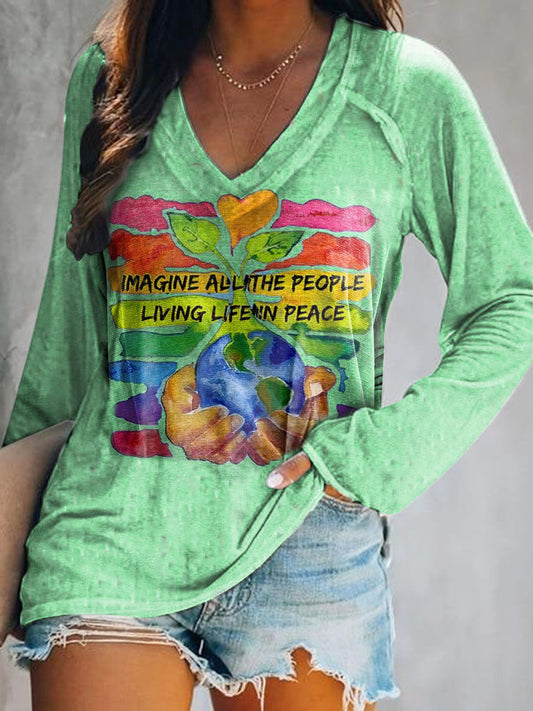 Women's Earth Peace Art Print V-Neck Long Sleeve Top