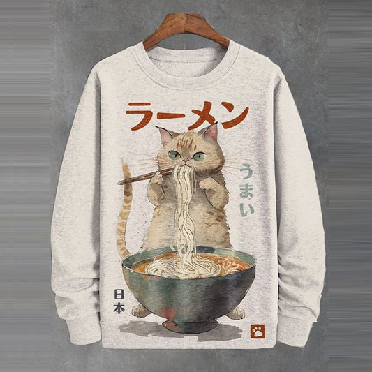 Men's Japanese Fun Ramen Cat Print Casual Sweatshirt elevenforest