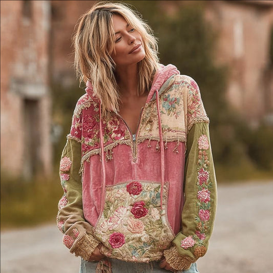 Ladies' Vintage Multi-colored Floral Cotton And Linen Hoodie artswardrobe
