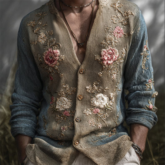 Men's Vintage Floral Embroidered Dyed Comfy Knit Cardigan artswardrobe