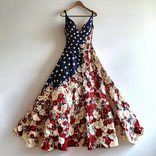Women's Vintage Independence Day Flag And Floral Pattern Suspender Dress artswardrobe