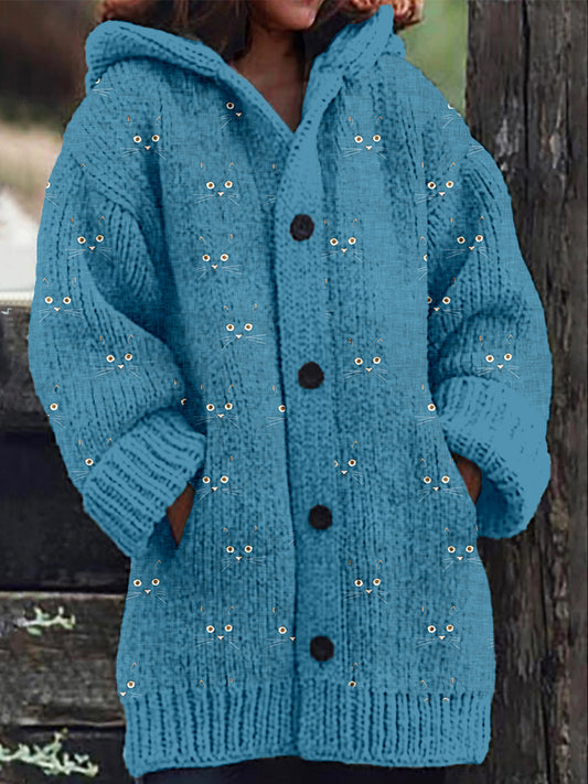 Comstylish Cute Blue Cat Face Cozy Hooded Cardigan