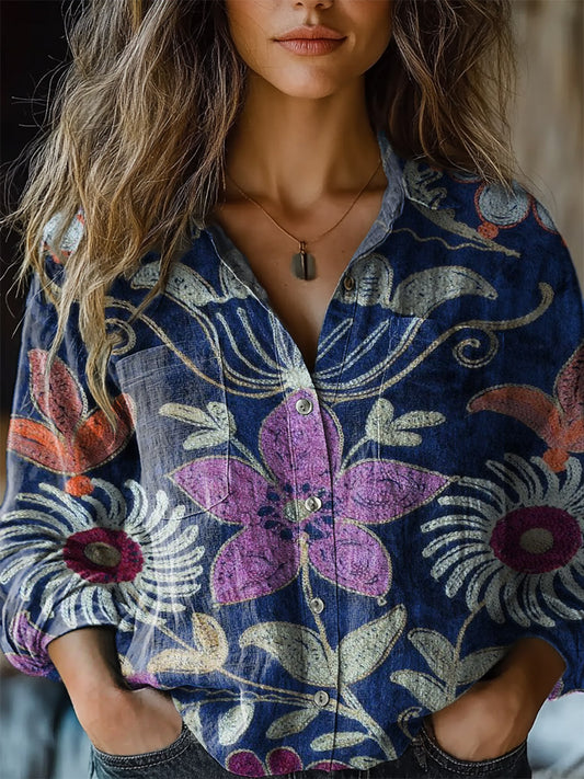 Women's Vintage Flowers Print Casual Long Sleeve Comfortable Cotton Sh
