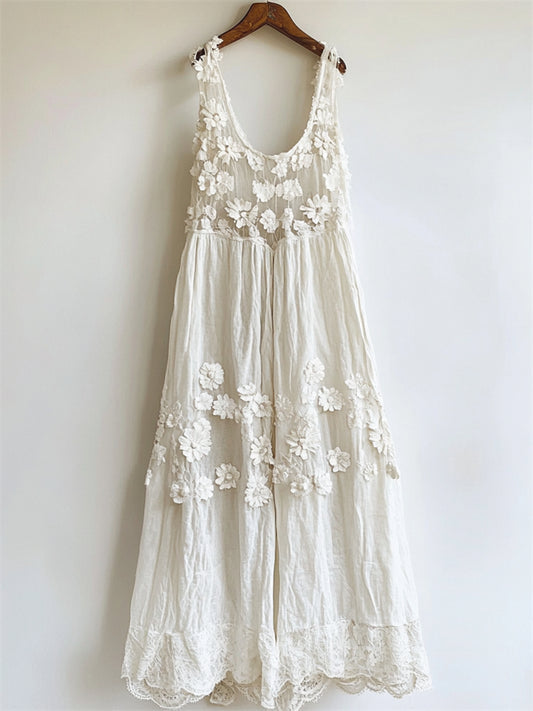 Vintage Floral Hollow Lace Patchwork Linen Tank Dress artswardrobe