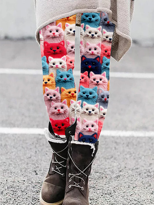 Comstylish Colorful Cute Cats Embroidered Cozy Leggings