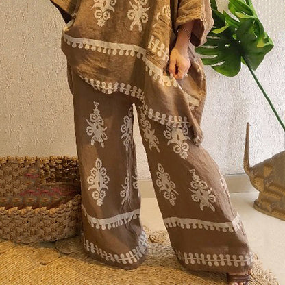 Women's Fashion Ethnic Floral Linen Long Sleeve Pants Two-piece Set artswardrobe