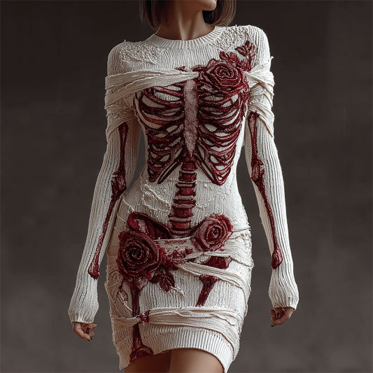 Comstylish Bloody Skeleton Anatomy Roses Beaded Bandages Cozy Knit Sweater Dress