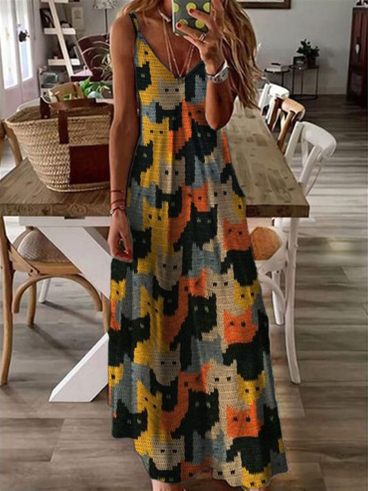 Colorful Cats Knit Art Cami Maxi Dress