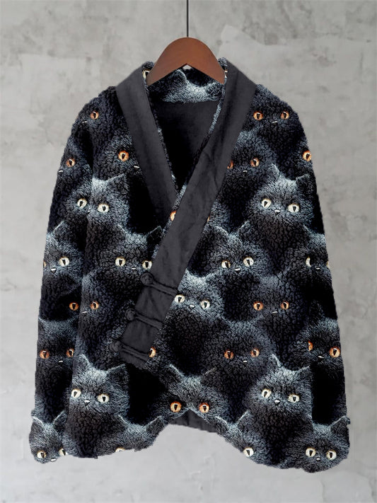 Cute Black Cats Felt Art Cozy Fleece Kimono Cardigan
