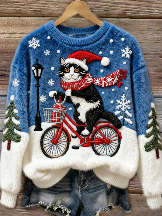 Christmas Bicycle Cat Women's Cozy Plush Sweater elevenforest