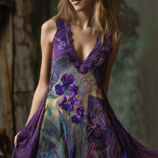 Purple Irises Fiber Art Embroidered Lace Patchwork Linen Dress artswardrobe