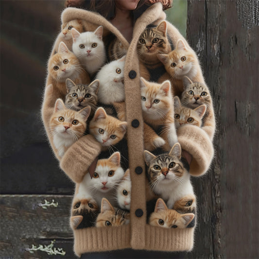 Comstylish Funny Crowded Fuzzy Cats Cozy Hooded Cardigan