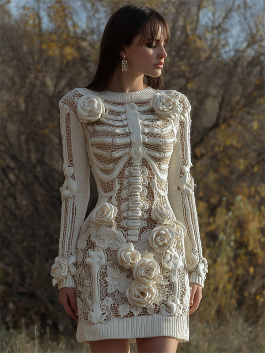 Comstylish Skeleton White Roses Lace Crochet Cozy Knit Sweater Dress