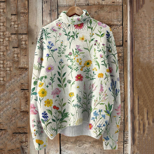 Lovely Floral Art Print Knit Turtleneck Pullover Sweater elevenforest