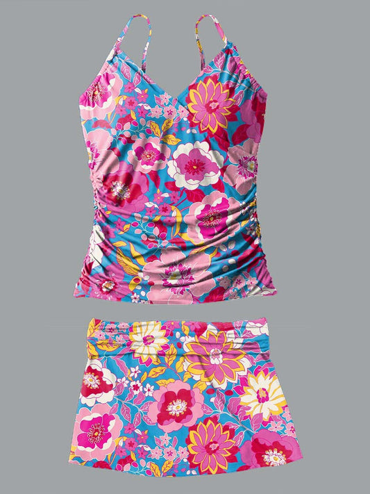 Women's Spring Flowers Print Suspender Shirred Swimsuit Set