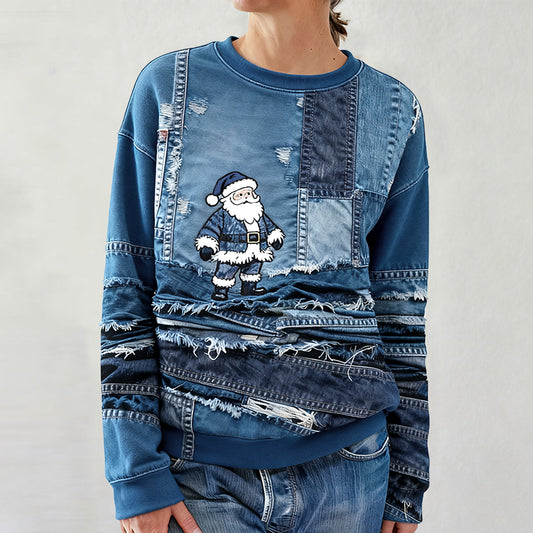 Comstylish Women's Santa Claus Faux Denim Patchwork Art Print Casual Sweatshirt